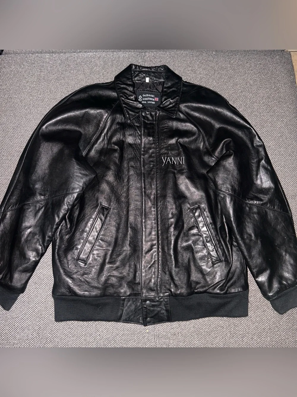 90s Black Genuine Leather Full Zip Bomber Jacket